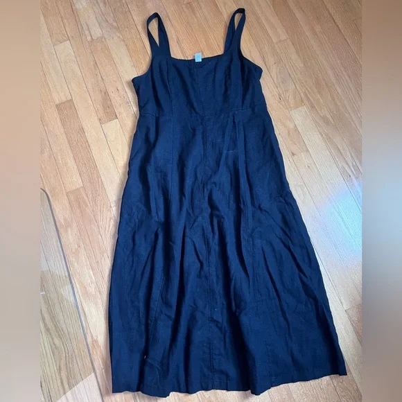 Fit & Flare Black Linen blend Midi Dress L - Picture 4 of 9